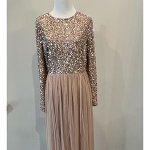 Long sleeve taupe sequin formal dress